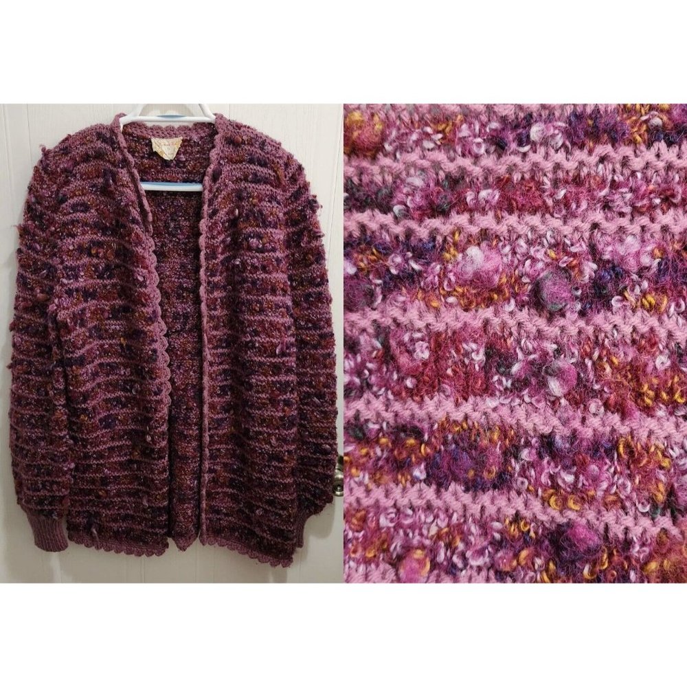Vtg Hand Knit L/S Open Front Cardigan Sweater Chunky Bubble Knit Purple‎ Sz 2-3X